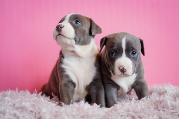 Adorable Puppies on Fluffy Blanket with Pink Background. Cute puppies lying on a soft fluffy blanket against a pastel pink background. Adorable young dogs. Two puppies 