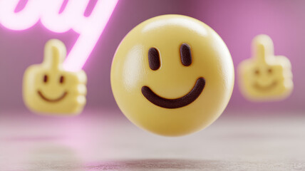 3D smiling face and thumbs-up emojis with neon pink background.
