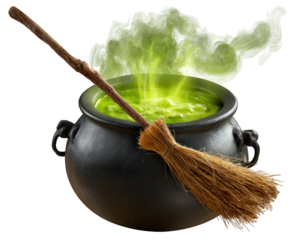 Spooky black cauldron with glowing green magic potion and witch broom. mysterious brew bubbles with smoke, perfect for an eerie Halloween celebration