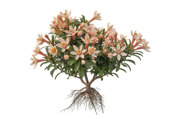 Delicate pink and white flowering plant with visible root system isolated on transparent background