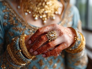 Exquisite bridal hands adorned with intricate henna and dazzling gold jewelry showcase cultural elegance and celebratory joy.