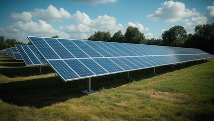Solar panels in a field absorb sun under blue sky