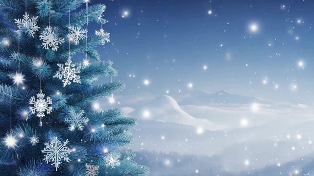 Blue Christmas tree with shimmering snowflake ornaments gently swaying on its branches, snowy twilight background 