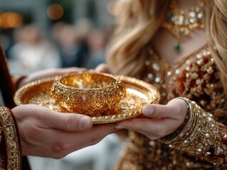 Elegant couple shares intricately designed golden bowl during a lavish cultural ceremony, exuding tradition and wealth