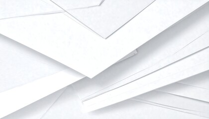 Close-up of overlapping white paper envelopes creating abstract geometric shapes and shadows. Clean and minimalist composition