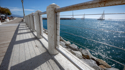 Oceanfront pier with railing and sailboats on a sunny day.