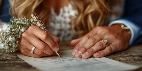 Elegant bride signs wedding documents with luxurious gold pen, symbolizing commitment and new beginnings with diamond rings and delicate flowers.