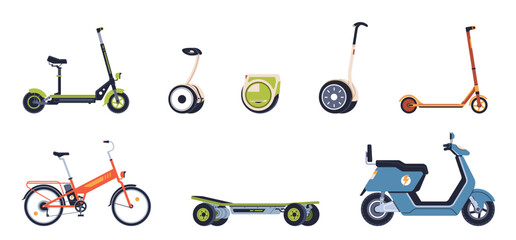 Set of eco friendly safety electric transport. Scooter, bicycle, skateboard, segway, monowheel. Modern flat cartoon illustration isolated on white background