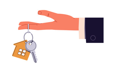 Realtor's hand holds the key with a keychain. Modern flat cartoon illustration isolated on white background