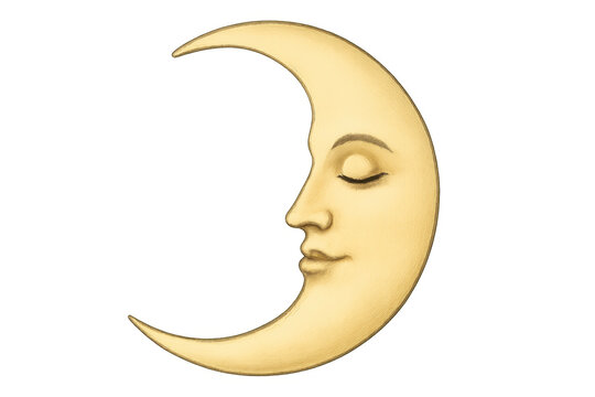 Sleeping crescent moon face vintage illustration