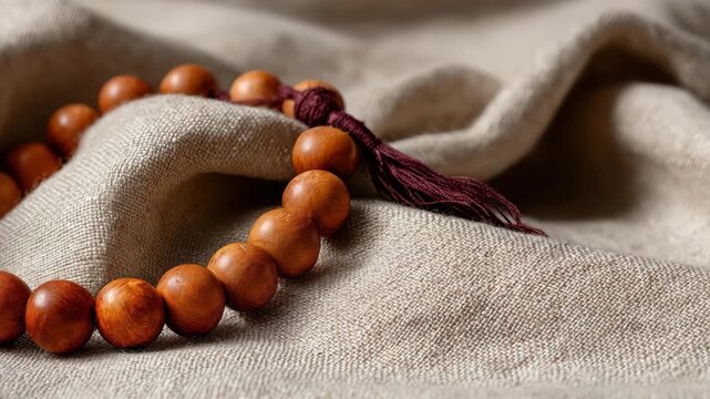 A set of prayer beads resting on soft, textured fabric symbolizes spirituality and meditation, evoking a sense of tranquility and connection to deeper beliefs and practices.