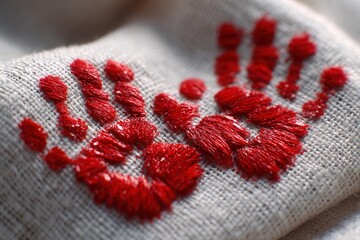 Intricate red handprint embroidery detail on natural linen fabric, showcasing textured threads and delicate craftsmanship for artisanal projects