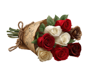 Romantic vintage bouquet of red and white rose flowers wrapped in paper. beautiful gift for special occasion, representing love and affection. Illustration clipart