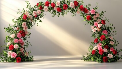 Floral archway of red and pink roses with ivy