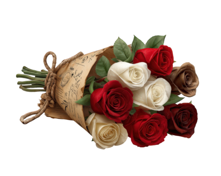 Romantic vintage bouquet of red and white rose flowers wrapped in paper. beautiful gift for special occasion, representing love and affection. Illustration clipart