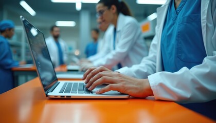 Medical professionals in lab coats work on laptops in modern laboratory setting. Scientists collaborate on research projects using computer technology. People in white coats type on keyboards in