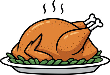 create autumnal roasted turkey on a plate with steam - thanksgiving dinner Line icon, on a white background.