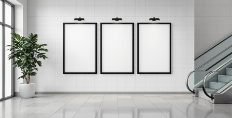 Modern interior design with three blank vertical poster frames on tiled wall in bright hallway with plant and escalator, perfect for advertising concept. Ai generative