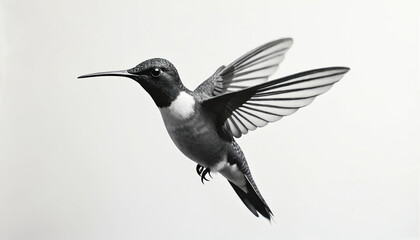 Fototapeta premium Detailed hummingbird in mid-flight on white background, wings spread wide. Small bird delicate features, long beak, captured in grayscale for artistic effect. Tiny talons visible. Graceful avian