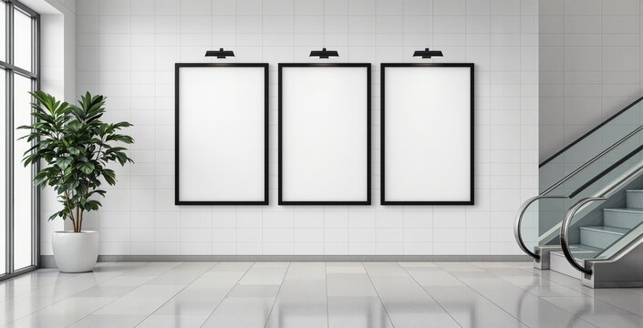 Modern interior design with three blank vertical poster frames on tiled wall in bright hallway with plant and escalator, perfect for advertising concept. Ai generative - Powered by Adobe