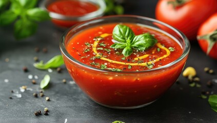 Tomato soup in a glass bowl with basil, dark background