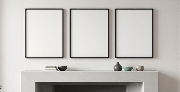 Minimalist interior with three blank poster frames above fireplace and decorative ceramic vases on clean mantelpiece wall template mockup layout. Ai generative