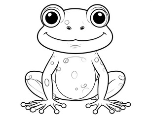 Adorable frog drawing, outlined for children’s coloring book page. White background.
