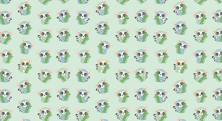 A cute, colorful pattern features cartoon lemurs holding bamboo on a light green background, with a whimsical and playful aesthetic.