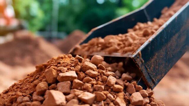 Conveyor belt transporting clay material for industrial use focus on aggregate texture