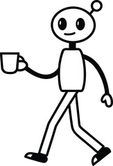 Simple line drawing of a stick figure character holding a cup and walking on white background 