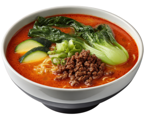 Delicious and savory bowl of spicy Chinese dan dan noodle soup with ground meat and fresh vegetable. An appetizing dish featuring flavorful red broth