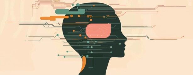 Abstract depiction of a human head silhouette infused with digital motifs.