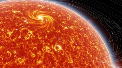 Solar storm and magnetosphere activity on sun surface. Rotating vortex on fiery star. Space plasma energy and magnetic field lines footage. - Powered by Adobe