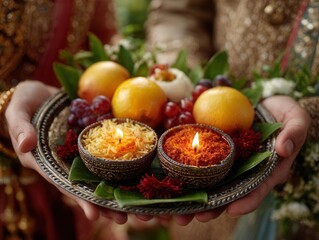 Warm glow of auspicious offerings with fruit and lit spices creating a vibrant celebratory ambiance for cultural events