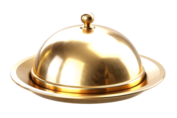 shiny golden food cloche with domed lid and round isolated on white background, png, ai generated