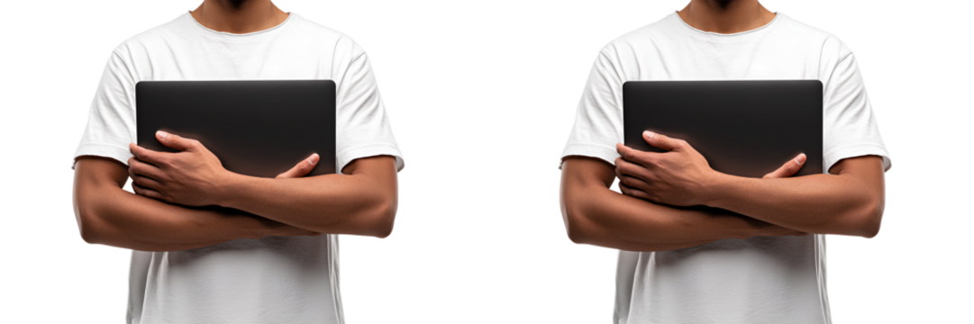 Casual Guy in T-Shirt Protectively Hugging Laptop - Powered by Adobe