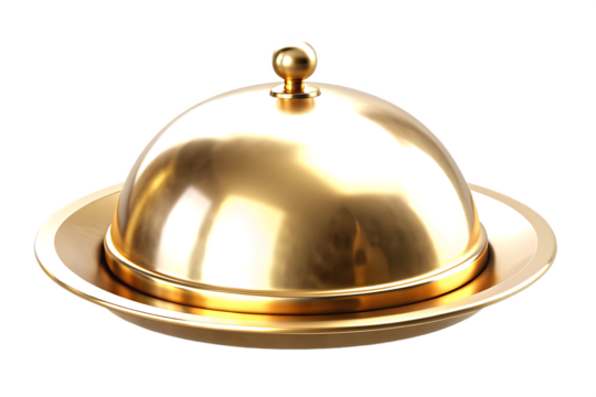 shiny golden food cloche with domed lid and round isolated on white background, png, ai generated - Powered by Adobe
