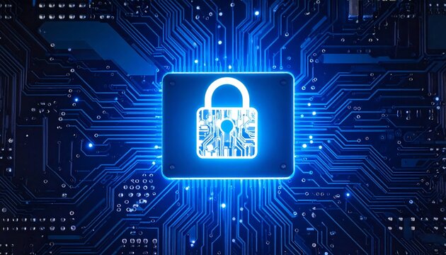 A vibrant, stylized rendering of a digital padlock embedded on a complex circuit board, illuminated with electric blue light - Powered by Adobe