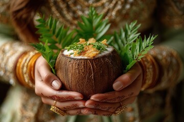 Hands gently cradle a fresh coconut filled with creamy dessert and garnished with vibrant green herbs and crispy toppings, showcasing culinary artistry and exotic flavors