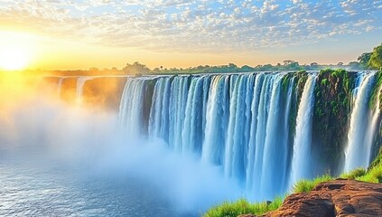 Fototapeta premium Cascading falls with mist bathed in bright sunrise