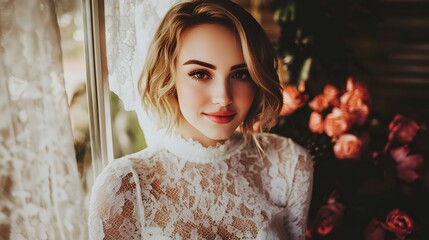 Elegant Woman in White Lace Dress Near Window Roses