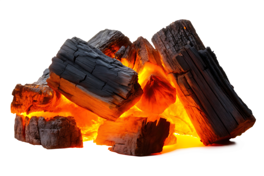 smoldering burning coals isolated on white background , png, ai generated