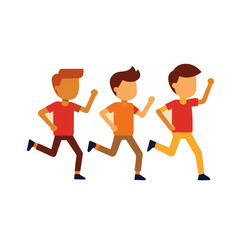 Three diverse cartoon boys running together in a line with enthusiasm