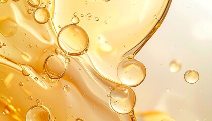 Close-up photograph captures golden-yellow liquid with transparent, spherical bubbles suspended within flowing substance. Soft, blurred background