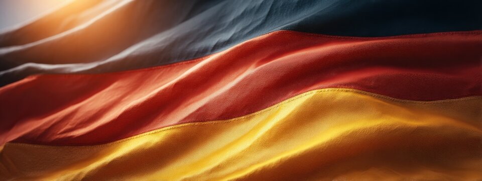German flag waving in the wind during sunset with vibrant colors reflecting off the fabric