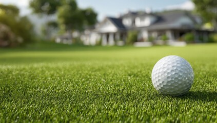 Fototapeta premium A golf ball rests on lush green grass, with a blurred house and trees in the background