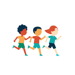 Diverse group of children running together in a race or fun activity