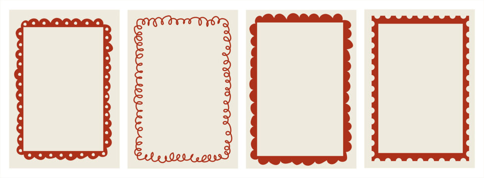 Retro whimsical Christmas dinner card frames set with scalloped looped hand-drawn borders. Festive ornamental frames for greeting cards, menu, gift tags, and seasonal stationery. Vector illustration.