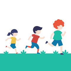 Three diverse children running together happily in a green field