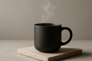 Black ceramic mug with hot steaming beverage
